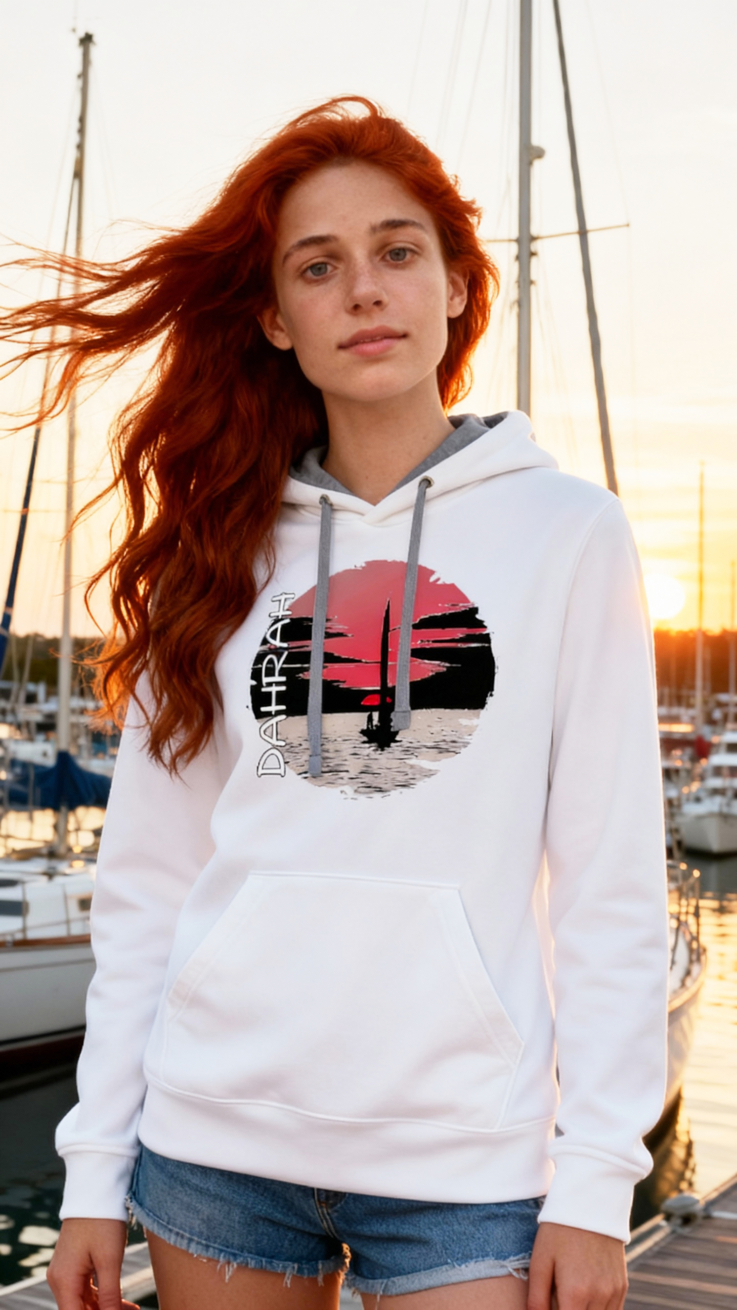 Sailing hoodie with print of a sailing boat at sunset.