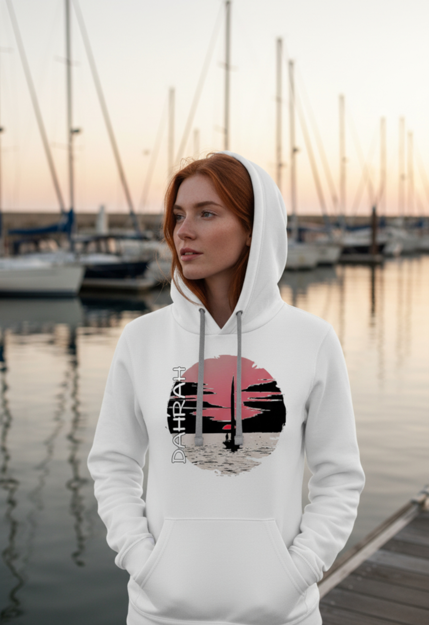 Sailing hoodie with sailing boat at sunset.