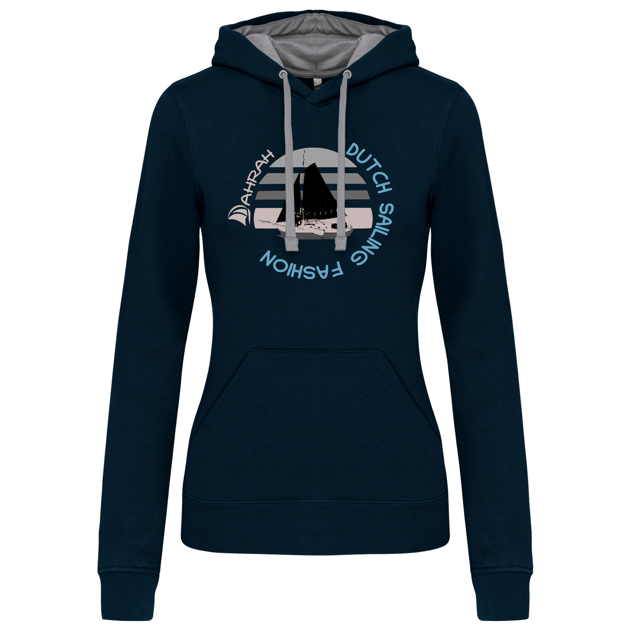 Unisex sailing hoodie with print of a Dutch traditional sailboat.